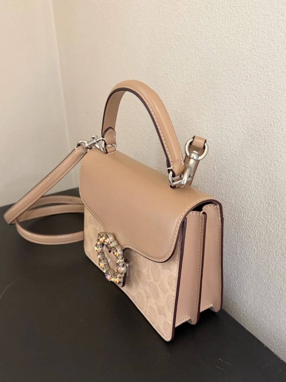 Coach Courtney Top Handle Signature Canvas Bag Satchel with Crystal Buckle - Picture 4 of 16